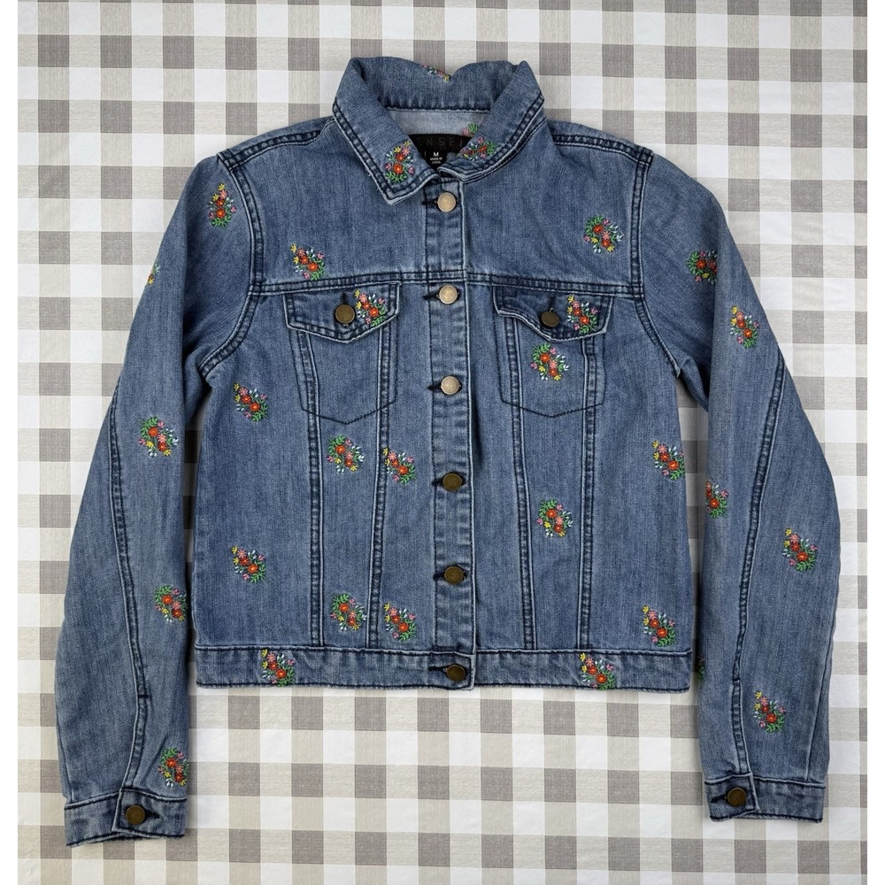 Tinsei Floral Embroidered Denim Jacket Womens M Boho Cottagecore